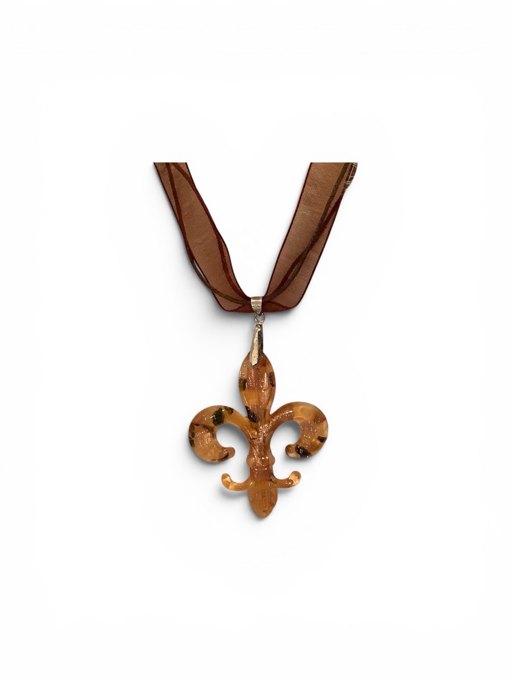 Amber & Brown Fleur-de-Lis Glass Pendant Necklace. Statement Piece! NWOT - Picture 2 of 8